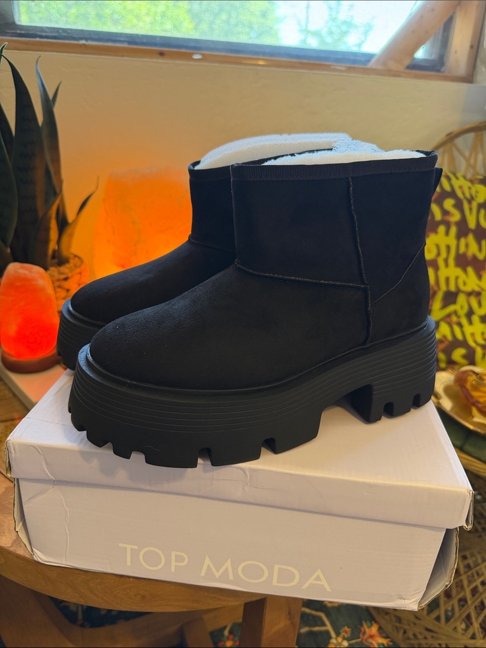 TOP Moda Black Chunky Lug-Sole Ankle Booties
